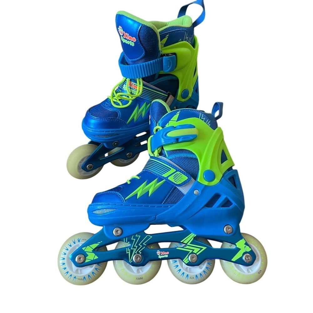 Xino Sports Kids Adjustable Inline Skates Blue Neon Green Light Up Wheels Sz 1-4